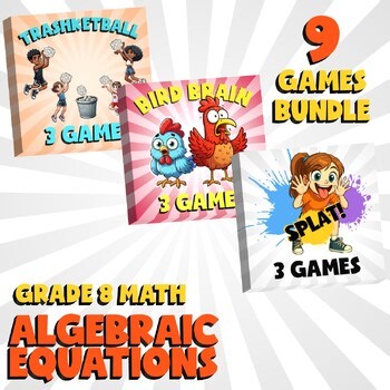 9 No Prep Math Games Bundle A - Algebraic Equations - Grade 8 Review Activity
