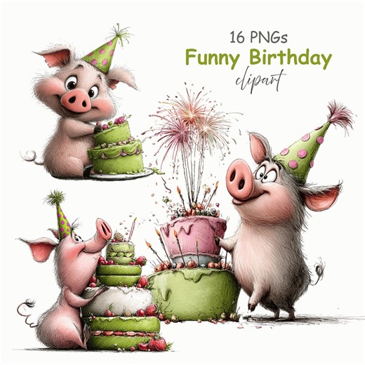 Funny Birthday Pig Clipart: Cartoon Party Graphics (digital Download - 17 Pngs) - Etsy