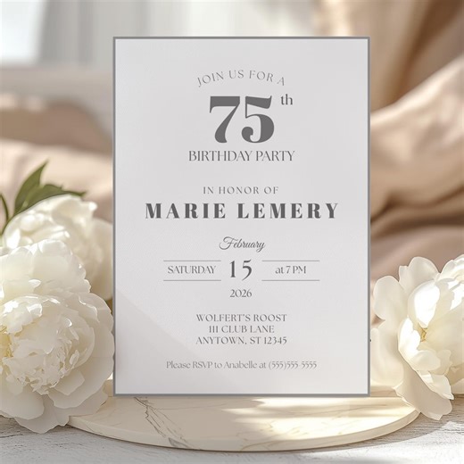 75th Birthday Invitation Template – Elegant Pewter Milestone Party Invite Editable in Canva - Etsy