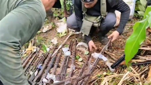 Nasa 45 high-powered firearms ang narekober ng Philippine Army at PNP sa natunton nilang dalawang weapons cache sa Bgy. Exciban, Labo, Camarines Norte nitong Martes, Dec. 16. May nakarekober din na tatlong improvised explosive devices (IED) at sari-saring bala. Patuloy ang paggalugad ng grupo sa lugar para matiyak na wala nang ibang nakatagong armas o pampasabog. | via Jonathan Magistrado, ABS-CBN News | ABS-CBN News