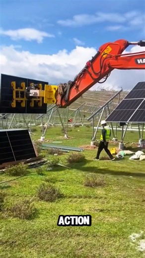 Building a solar farm at warp speed - This excavator uses suction cups to lift fragile solar panels #solarbatteries #installation #machines #cleanenergy | ManMade Studio