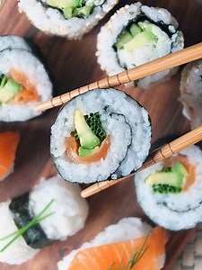 Smoked Salmon and Avocado Maki Sushi Rolls