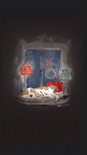 Pet Classics on @classicfm calming little fur souls this week, just a little note if you have a nervous pet, tomorrow from 5 - 9pm Classic FM will be playing the special show to help our pets make it through 🤍✨💫 #classicfm #firework #petclassics #dogsofinstagram #illustration #watercolour | lucyclaireillustration