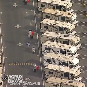 RV QUARANTINE: Aerial footage above Dockweiler Beach in Los Angeles show RVs lined up in the parking lot in preparation to quarantine COVID-19 patients as California braces for an expected surge in coronavirus cases. Complete coverage tonight. https://abcn.ws/2wR0cfv | ABC World News Tonight with David Muir