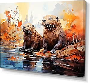 DesignQ Beaver Wall art, Beavers' Environment Illustration, Beaver Large Wall art decor, Brown Canvas wall art, 20x12 inches