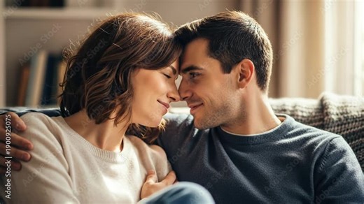 Young woman and man cuddling embracing on sofa, concept of couple connection, love, relationship, family life at home