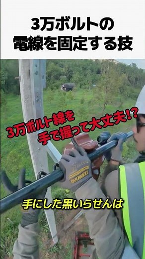 3万ボルトの電線を固定する技