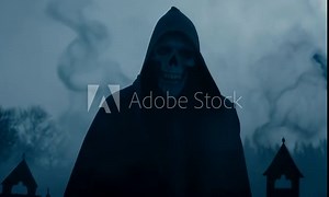A grim reaper figure in a dark cloak and hood, with a skeletal face, stands in a foggy, eerie landscape, evoking a sense of death and horror under a full moon.