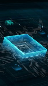 Technology Background Animation CPU Futuristic Circuit. 3D Visualization AI Processor Power. Colorful Blue and Green Digitalization Process. Data Transmission in Board Chip Virtual Computer Closeup 4K