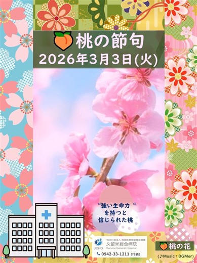 🏥2026年3月3日(火)は🍑桃の節句 ”桃の節句”のルーツをご存知でしょうか？ 季節の変わり目に「病気や災いをお祓(はら)いする」という、健康を祈る大切な行事でした。 植物の「桃🍑」は、古来より”強い生命力”を持つと信じられてきました。 昔の人は、桃に自身や家族の健やかな毎日への願いを込めたのですね。 時が流れても、大切な人の健康を願う心は不変です。 皆さんの健康を願う、私たち医療者の想いも変わりません。 実際に、🍑桃の種は「桃仁(とうにん)」という生薬として、今も血行を改善する目的で多くの漢方薬に配合されています。 ※医療用漢方薬：桃核承気湯、桂枝茯苓丸 季節の変わり目は体調を崩しやすい時期です。 体調管理に気をつけて、どうぞ健やかな一日をお過ごしください。 🏥ＪＣＨＯ久留米総合病院 https://kurume.jcho.go.jp/ ☎0942-33-1211(総合案内) #春 #桃の節句 #ひなまつり #桃の花 #生命力 #健康祈願 #伝統行事 #春夏秋冬 #四季 #日本 #文化 #漢方 #生薬 #成分 #医療 #治療 #地域医療 #ＪＣＨＯ久留米総合病院 #ＪＣＨ