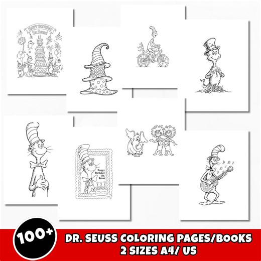 Dr. Seuss Coloring Pages, Cat in the Hat Coloring Pages Read Across America Printable Books, Dr. Seuss Birthday Printable Pages for Kids - Etsy