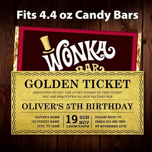 Golden Ticket Invitation - Printable Template - Willy Wonka Birthday Invitation - Wonka Bar Wrapper Included - Fits Hershey XL 4.4oz - Etsy