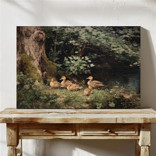 Vintage Oil Painting of Ducks by a Woodland Pond – Peaceful Nature Scene With Mother Duck and Ducklings Resting Beside Mossy Tree - Etsy