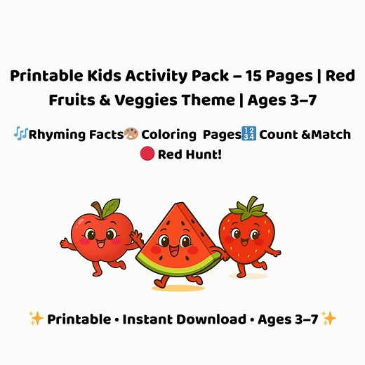 Printable Kids Activity Pack | Red Fruits & Veggies Worksheets, Coloring Pages, Learning Games | Ages 3–7 - Etsy