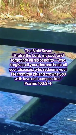 This passage from Psalm 103:2-4 is a call to remember and praise God for His gracious actions and constant goodness in believers' lives, which include forgiveness of sins, healing of diseases, redemption from destruction, and being crowned with love and compassion. It encourages a heart of gratitude by reminding people to not forget the numerous benefits and faithfulness of God. The Bible Says: “Praise the Lord, my soul, and forget not all his benefits—who forgives all your sins and heals all yo
