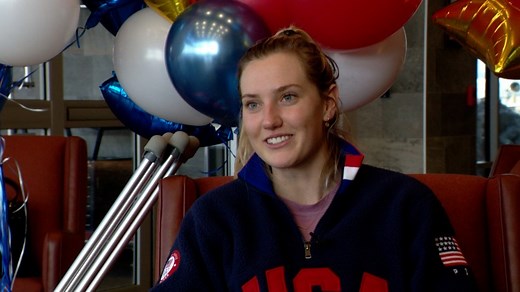 U.S. skier Nina O’Brien gets warm homecoming at airport after Olympic injury