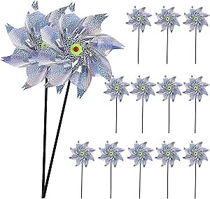 Osznmmg 14 Pcs Reflective Pinwheels for Yard and Garden Silver Pinwheels Bulk to Scare Birds Away Extra Sparkly Pinwheel with Stakes Large Pinwheels for Yard Garden Patio, Sliver