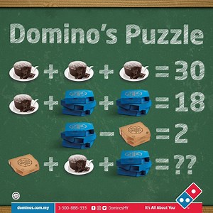 34 reactions · 57 comments | Can you solve this Domino’s puzzle and figure out the missing number? 樂 Order Domino’s  after this to reward yourself.  And if anyone helped you with the puzzle, you should share your pizza with them too! Click here  https://bit.ly/2WFeMmL  to order now! | Domino's Pizza Malaysia | Facebook