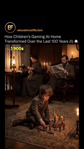 educationallife.fact on Instagram: "A single living room quietly shows how childhood itself has changed over a century. 🧠📺 From handmade toys and imagination-driven play in the early 1900s, to board games, televisions, consoles, PCs, and now fully digital worlds, play moved from physical spaces to virtual ones faster than anyone expected. Each generation didn’t just get new toys, they got a new definition of what play even meant. Social, competitive, creative, solitary, online, offline. The en
