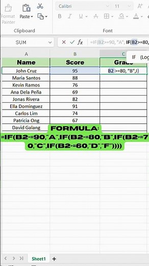 IF series part 5: Nested IF Grades A–F #excel #spreadsheetmagic #automatedsolutions #exceltricks