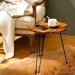 Wood Side Table Foldable Small End Table Accent Table with 2 Wooden Coasters Modern Sofa Side Coffee Table Narrow Night Stand for Living Room Bedroom Balcony Office Small Spaces, Easy Assembly(Leaf)