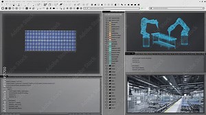 3D render of software managing robot arms moving solar panels on conveyor belts during high tech production in factory. 3D animation of program used for controlling rigs in photovoltaics factory