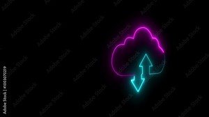 Neon digital cloud icon, data transfer animation. Glowing neon cloud storage with arrows, looped animation. Cloud space and technology, data backup, file repository, upload database icon isolated