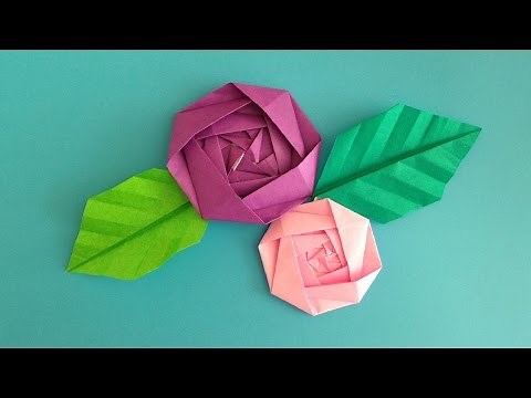 折り紙Origami バラの花と葉 簡単な折り方