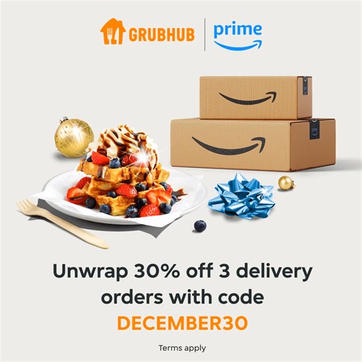 1.8K views · 29 reactions | We're feeling festive this holiday szn ❄️ Amazon Prime members with Grubhub+ can take 30% off their next 3 orders of $15+! Use code DECEMBER30, now through 12/23. Terms apply. Visit https://grhb.me/3Ej2zrQ | Grubhub | Facebook