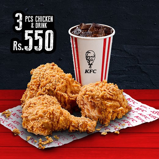 KFC Pakistan on Instagram: "Make your day extra crispy with our 3 pcs hot & crispy chicken deal, complete with a drink, all for Rs. 550! #KFC #FingerLickinGood"