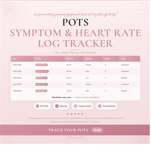 POTS Symptom & Heart Rate Log Spreadsheet Tracker Health Wellness Google Sheets Excel Digital Download - Etsy