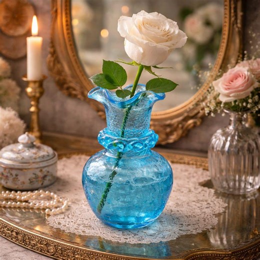 Vintage Blue Crackle Glass Vase With Ruffled Rim and Uranium Thread Accent - Etsy