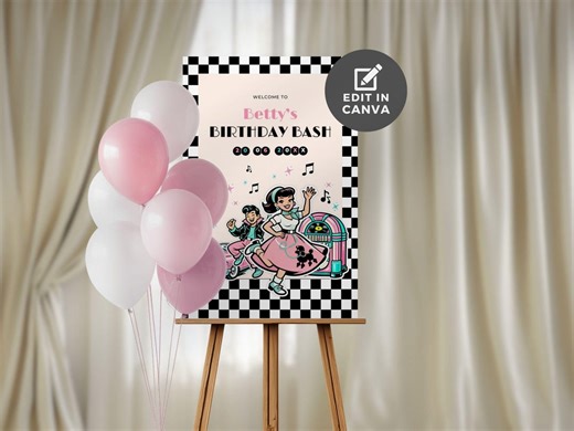 Sock Hop Birthday Party Welcome Sign, Pink and Black Signage, 50s Girl Theme Party, Rock and Roll, Editable Canva Template, Printable, M0024 - Etsy