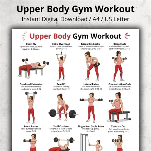 Upper Body Gym Workout Poster, Arms Chest Shoulders Back Exercise Chart Printable, Cable & Dumbbell Upper Body Exercises, Home Gym Fitness - Etsy