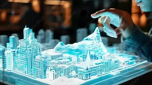 Architect is touching a futuristic 3d projection of a city model, exploring innovative design solutions for urban development
