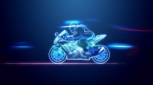 Abstract animation of a futuristic blue motorcycle speed in 4K UHD, cgi made with wireframes on an animated futuristic to highlight the big bike and it's technology and engineering 3D rendering