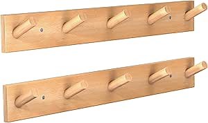 Hangerspace Wooden Wall Mounted Coat Rack, 2 Packs Natural Wood Duty Coat Hanger with 5 Pegs Wall Hooks for Hanging Coats Towels Purse Robes