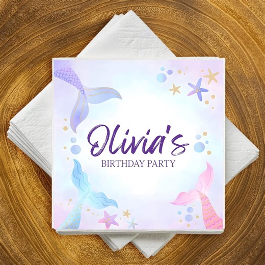 Custom Mermaid Birthday Napkins, Personalized Custom Ocean Napkins, Beach Theme Party Napkins - Etsy
