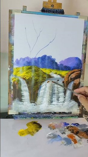 Red Spring Blooming Tree on the Hill | Mountain & Waterfall Speed Painting | Pure Nature Art