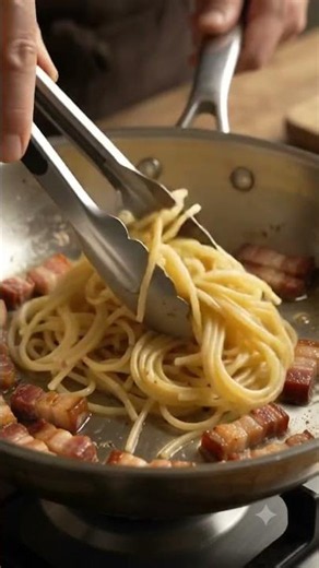 Cooking spaghetti carbonara