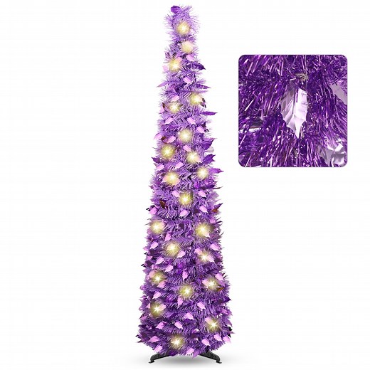 Ayieyill 5ft Pencil Christmas Tree, Collapsible Xmas Tree with Lights, Pop Up Tinsel Tree for Christmas Decorations Indoor, Purple
