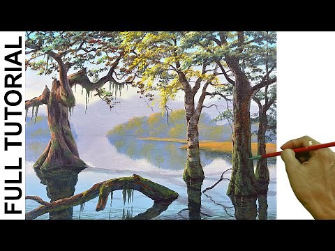 Acrylic Landscape Painting Tutorial / Trees in River / JMLisondra