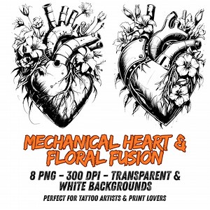 Cyber Heart Tattoo Flash Set – 8 Biomechanical Blackwork Designs – PNG Bundle for Tattoo Artists - Etsy