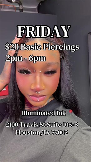 Friday 2pm-6pm $20 Basic Piecrings . Walk In Only . Back Dermals $50 Each , Dermals $50 Each . No surface signature piercings . #fyp #houstonpiercer #htxpiercer #houston #deal