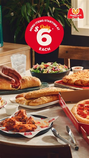 Get deals on sides, desserts and more when you spend $8.99 or more with Marco’s NEW More Menu. Need we say more? *Use code GETMORE. Valid on the Marco's More Menu only. For a limited time at participating stores. Delivery minimum & fee may apply. Other restrictions may apply - see marcos.com for details. PEPSI and the Pepsi Globe are registered trademarks of PepsiCo, Inc. All Rights Reserved. | Marco's Pizza
