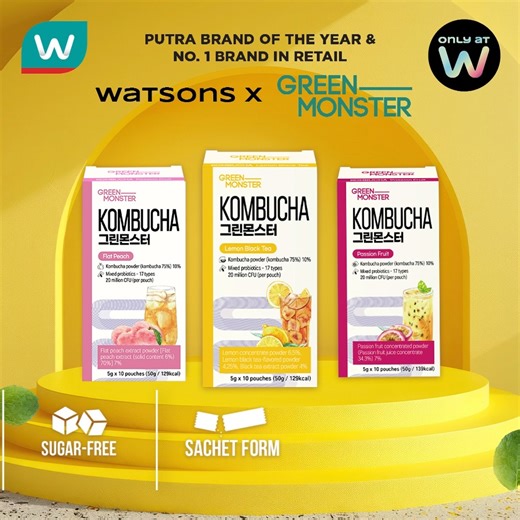 [ONLY AT WATSONS | GREEN MONSTER] Try Green Monster’s Kombucha Mix in bold flavours: Black Lemon Tea, Passion Fruit & Peach! 😁 Each serving is packed with 20 million CFU of probiotics to help detox, refresh, and support a balanced gut from the inside out! 🤓 Available today at #WatsonsMalaysia STORES and ONLINE! 🛍 🏘 Win A Home by LBS*! 👉🏻 https://bit.ly/WinAHomeByLBS 💰 Redeem RM3 in-store voucher in W Rewards*! 👉🏻 https://bit.ly/RedeemYourRM3Voucher 🧾 RM15 OFF with min spend RM50 for ne