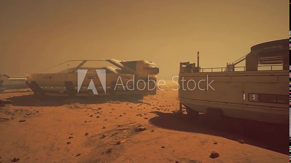A futuristic base for colonizing Mars, complete with sleek buildings and high-tech equipment