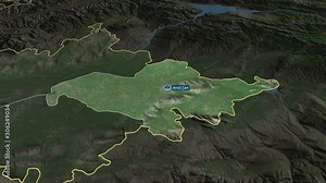 Andijon - region of Uzbekistan with its capital zoomed on the satellite map of the globe. Animation 3D