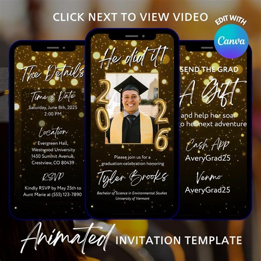 Animated Graduation Invitation Video Template Editable 2026 Grad Ceremony Invite With Photos Gold Graduation Announcement Animated Invite - Etsy