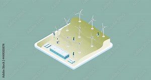 An animation of an industrial wind power farm in process in 4K against a light green background